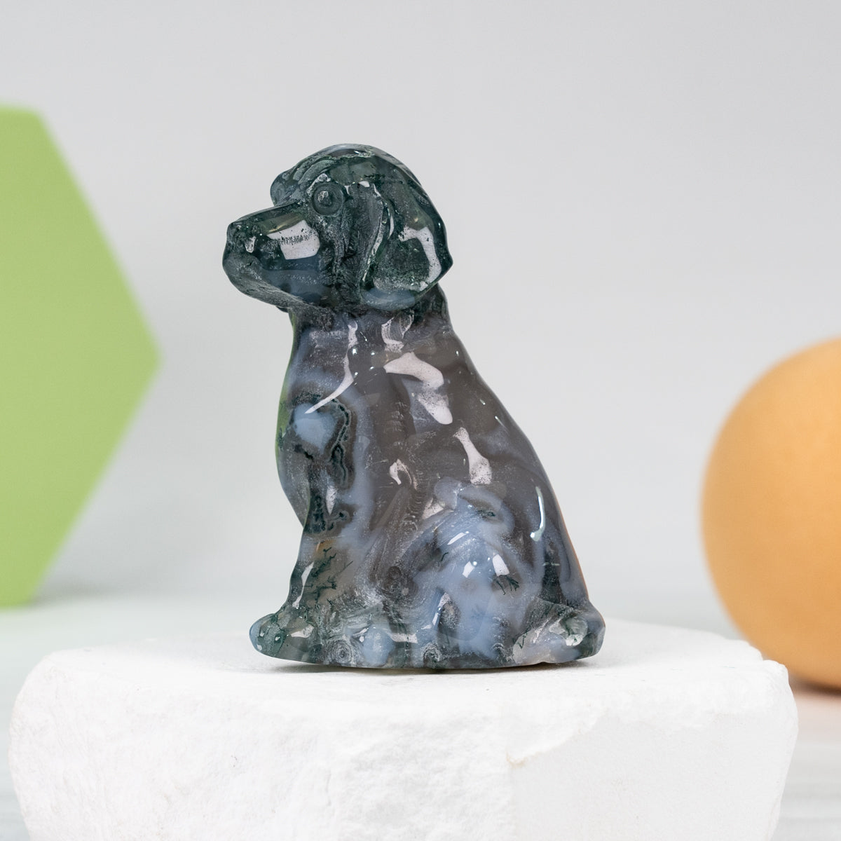 Moss agate dog  carving