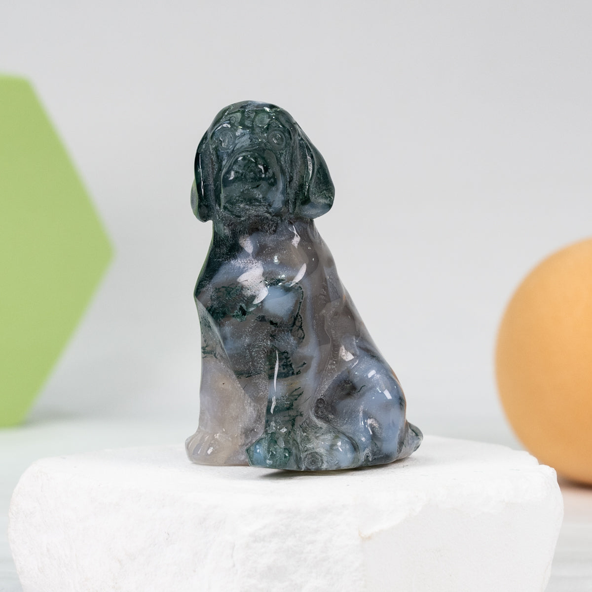 Moss agate dog  carving