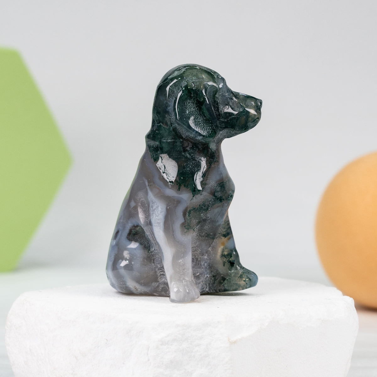 Moss agate dog  carving
